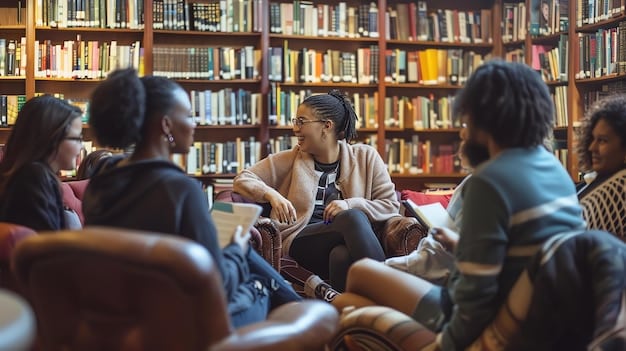 A diverse group of people are gathered in a library, some reading books, others discussing them animatedly. The scene evokes the collaborative spirit of historical inquiry and the importance of sharing different perspectives on the past. The image conveys the idea that understanding history is an ongoing process of dialogue and interpretation.
