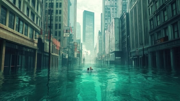 A flooded city street with people navigating in boats, while skyscrapers are partially submerged. The sky is overcast and grey, conveying a sense of loss and adaptation in the face of environmental disaster. The image showcases the aftermath of rising sea levels, a common theme in Cli-Fi: Exploring the Intersection of Climate Change and Science Fiction.