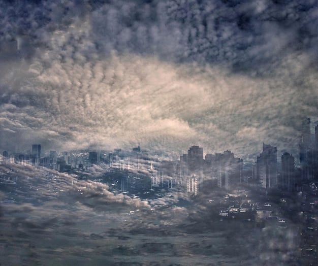 A desolate urban landscape with towering, decaying buildings. The sky is filled with swirling clouds of pollution, and strange, mutated creatures roam the streets. The overall scene is bleak and oppressive, embodying the themes of environmental decay and urban alienation often found in the New Weird: Understanding the Unconventional and Disturbing Elements of This Emerging Genre.