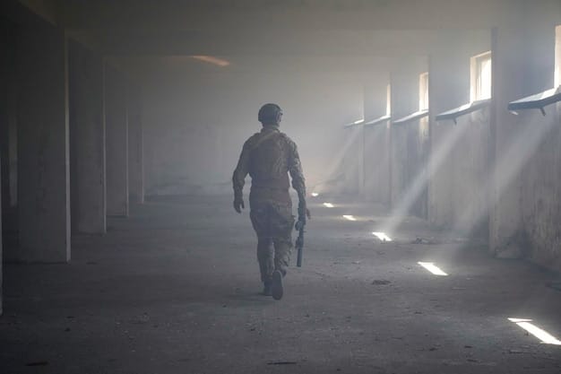 A lone soldier standing in a desolate, futuristic trench. The soldier is clad in advanced combat armor and carries a high-tech rifle. The background shows a war-torn landscape with burning vehicles and debris, emphasizing the harsh realities of Military Sci-Fi: Examining the Ethics and Realism of Warfare in Futuristic Settings.