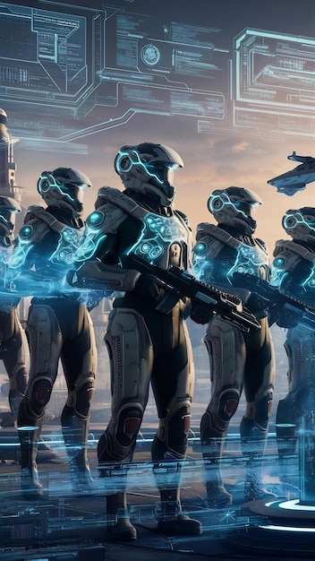 A diverse group of soldiers in futuristic armor strategizing around a holographic map. Their faces show a mix of concentration and determination. The setting is a dimly lit command center filled with advanced communication equipment, reflecting the strategic elements of exploring Military Sci-Fi: Examining the Ethics and Realism of Warfare in Futuristic Settings.