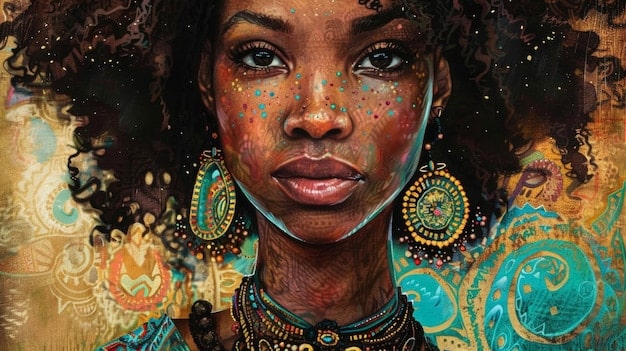 A painting featuring a Black woman with a serene expression, adorned with traditional African beads and futuristic cybernetic enhancements on her face. The background evokes a celestial landscape filled with swirling galaxies and geometric patterns, merging cultural heritage with futuristic elements, embodying the core themes of Afrofuturism: Celebrating Black Culture and Identity Through Science Fiction and Fantasy.