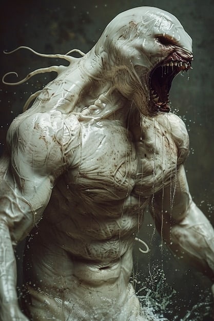 A still from a Splatterpunk horror movie featuring a grotesque creature with exposed muscles and bones attacking a group of terrified teenagers in a dark, abandoned warehouse. The lighting is harsh and stark, enhancing the visceral and disturbing nature of the scene, exemplifying Splatterpunk: Examining the Extreme Boundaries of Horror and Transgression.